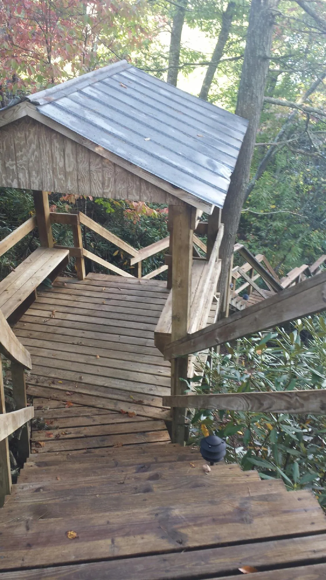 Metal roofed shelter over wooden steps on a wooded walkway — Skylight Repair & Installation work by our crew in Chelan
